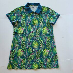 Lands End Polo Shirt Dress L Green Tropical Print Knit Resort Beachy Preppy